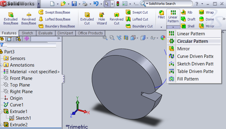 SOLIDWORKS screenshot of Circular Pattern button