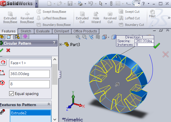 SOLIDWORKS screenshot of Circular Pattern parameters