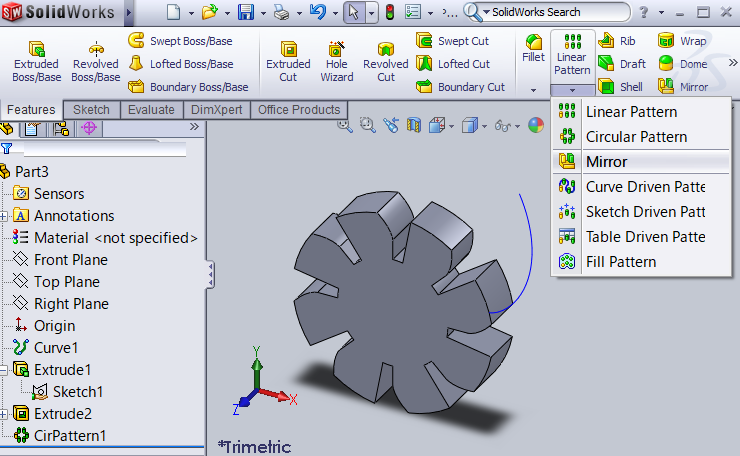 SOLIDWORKS screenshot of Mirror button