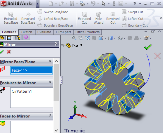 SOLIDWORKS screenshot of Mirror parameters