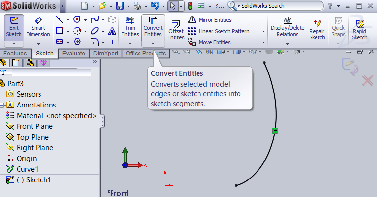 SOLIDWORKS screenshot of Convert Entities button