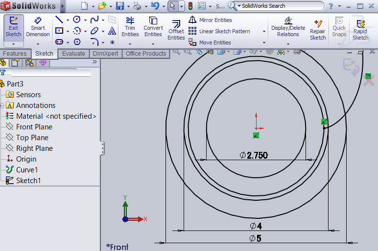 SOLIDWORKS screenshot of root, base, pitch, and tip circles sketch