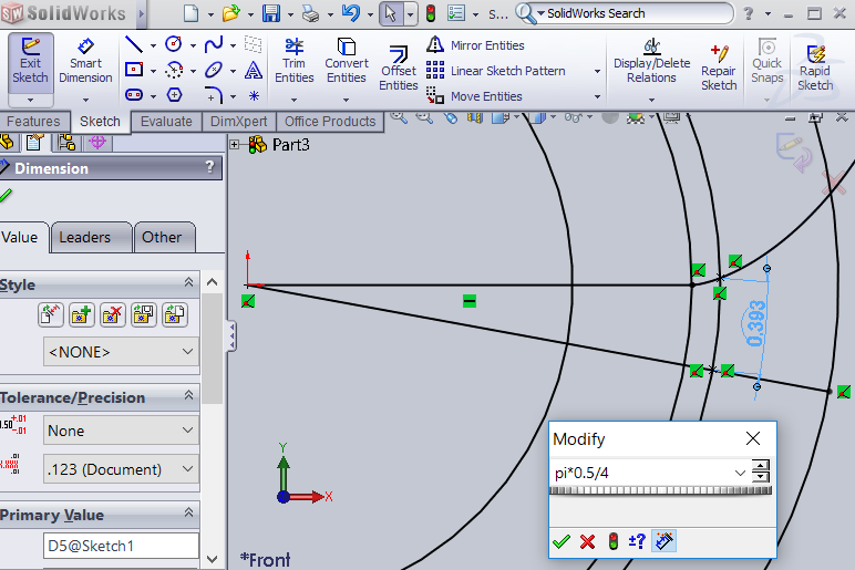 SOLIDWORKS screenshot of quarter pitch sketch