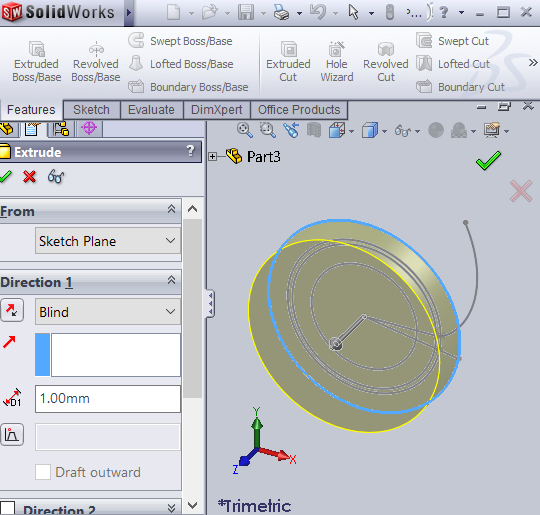 SOLIDWORKS screenshot of extruding tip circle
