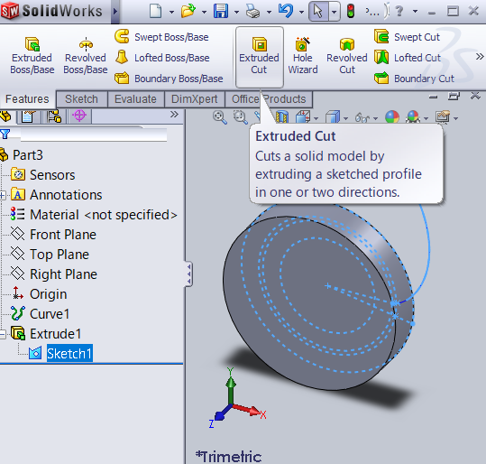 SOLIDWORKS screenshot of Extruded Cut button