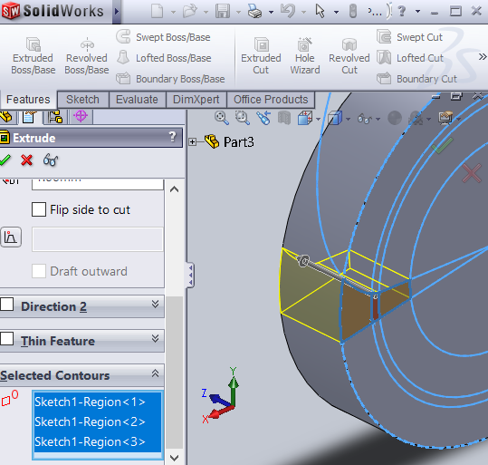 SOLIDWORKS screenshot of regions for Extruded Cut